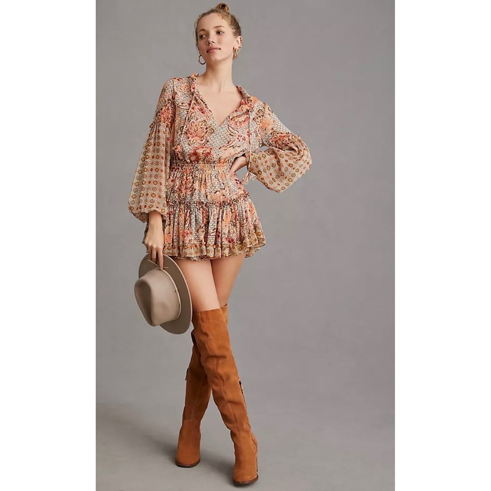 Misa Elisabetta Mini Dress Long Bell Sleeves Chiffon Ruffle Boho Women's Small